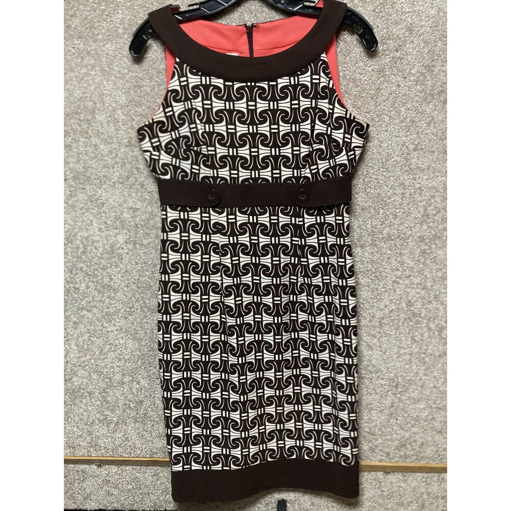 London Times Brown & White Geometric Print Sheath Dress With Coral Lining Size S